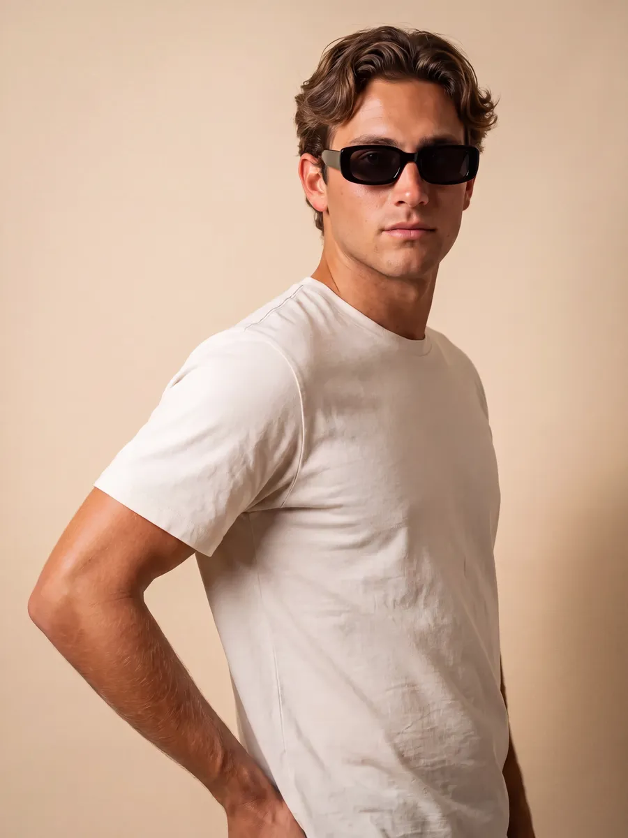 The model, shot on a studio backdrop